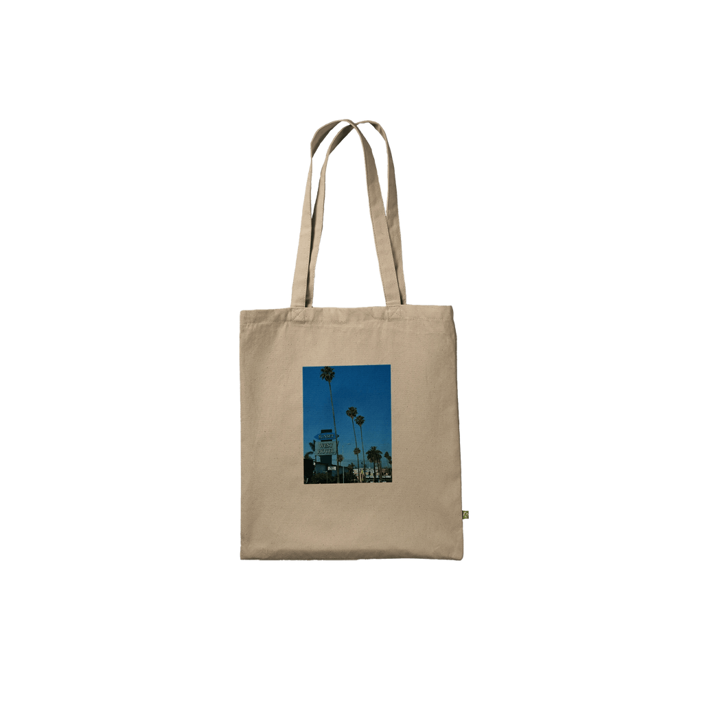Stylish Sunset Blvd West premium tote bag with eco-friendly print design, showcasing LA chic style and natural material.