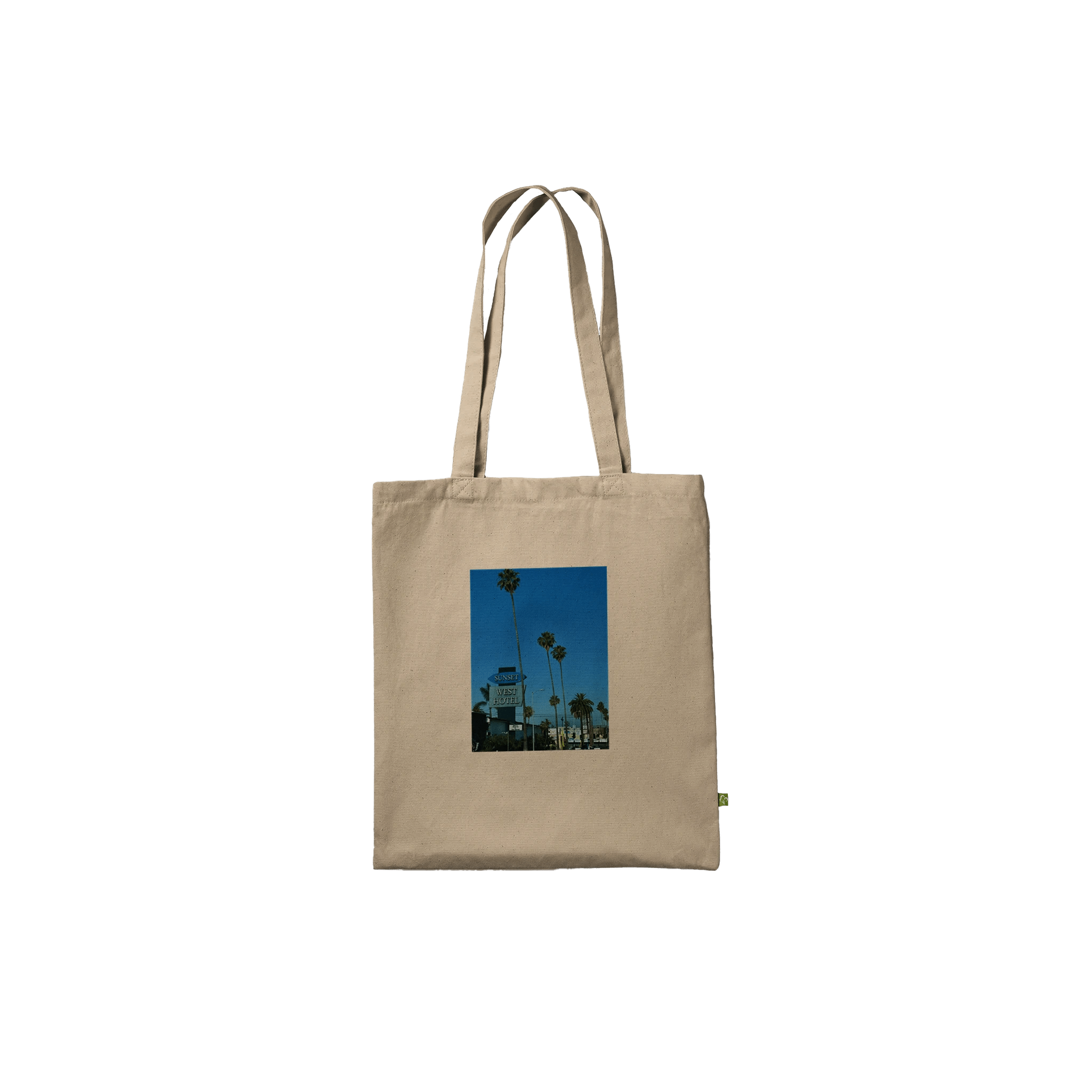 Stylish Sunset Blvd West premium tote bag with eco-friendly print design, showcasing LA chic style and natural material.