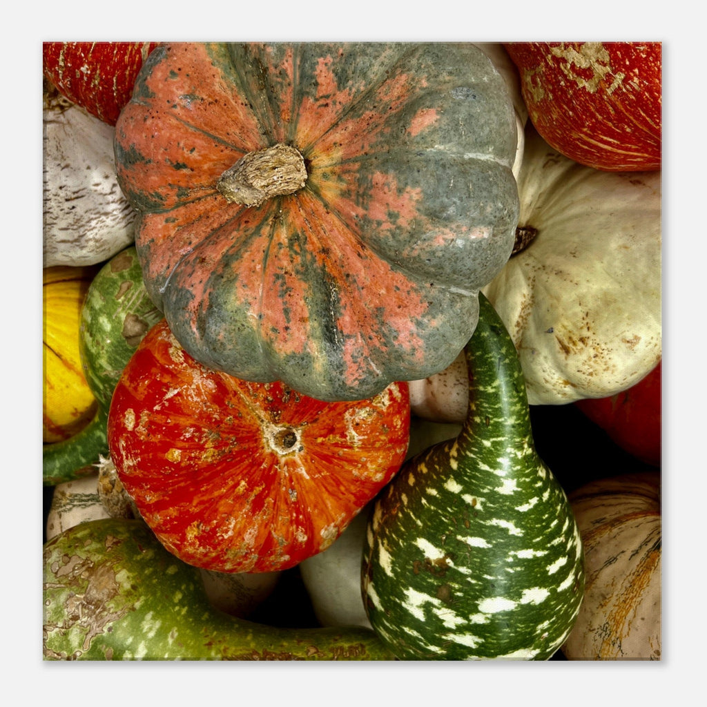 Colorful Halloween wall art canvas featuring vibrant pumpkins in various shapes for festive harvest décor.