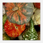 Colorful Halloween wall art canvas featuring vibrant pumpkins in various shapes and colors for festive harvest décor.