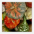 Halloween wall art canvas featuring vibrant, colorful pumpkins in various shapes for festive fall decor.