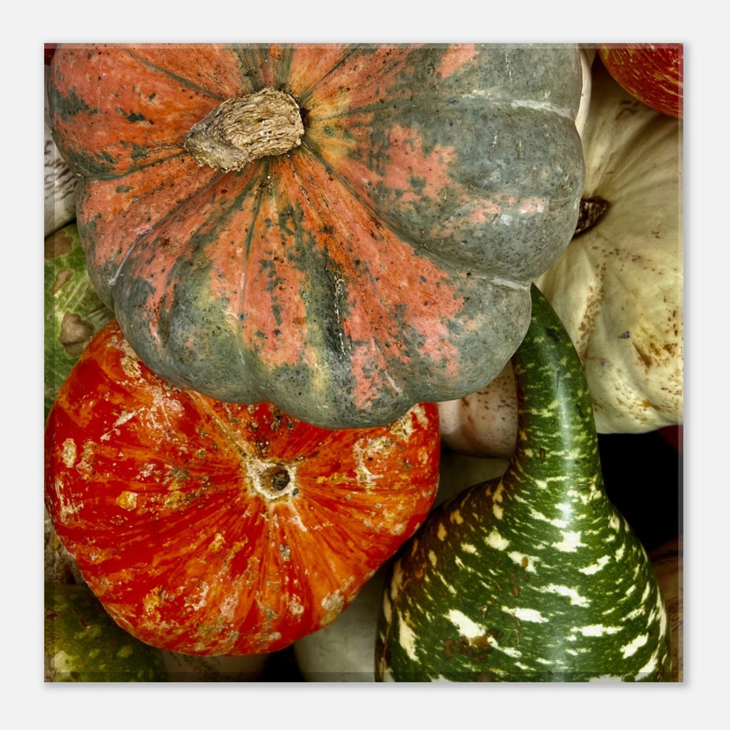 Colorful Halloween wall art canvas featuring vibrant pumpkins in various shapes, perfect for festive home décor.