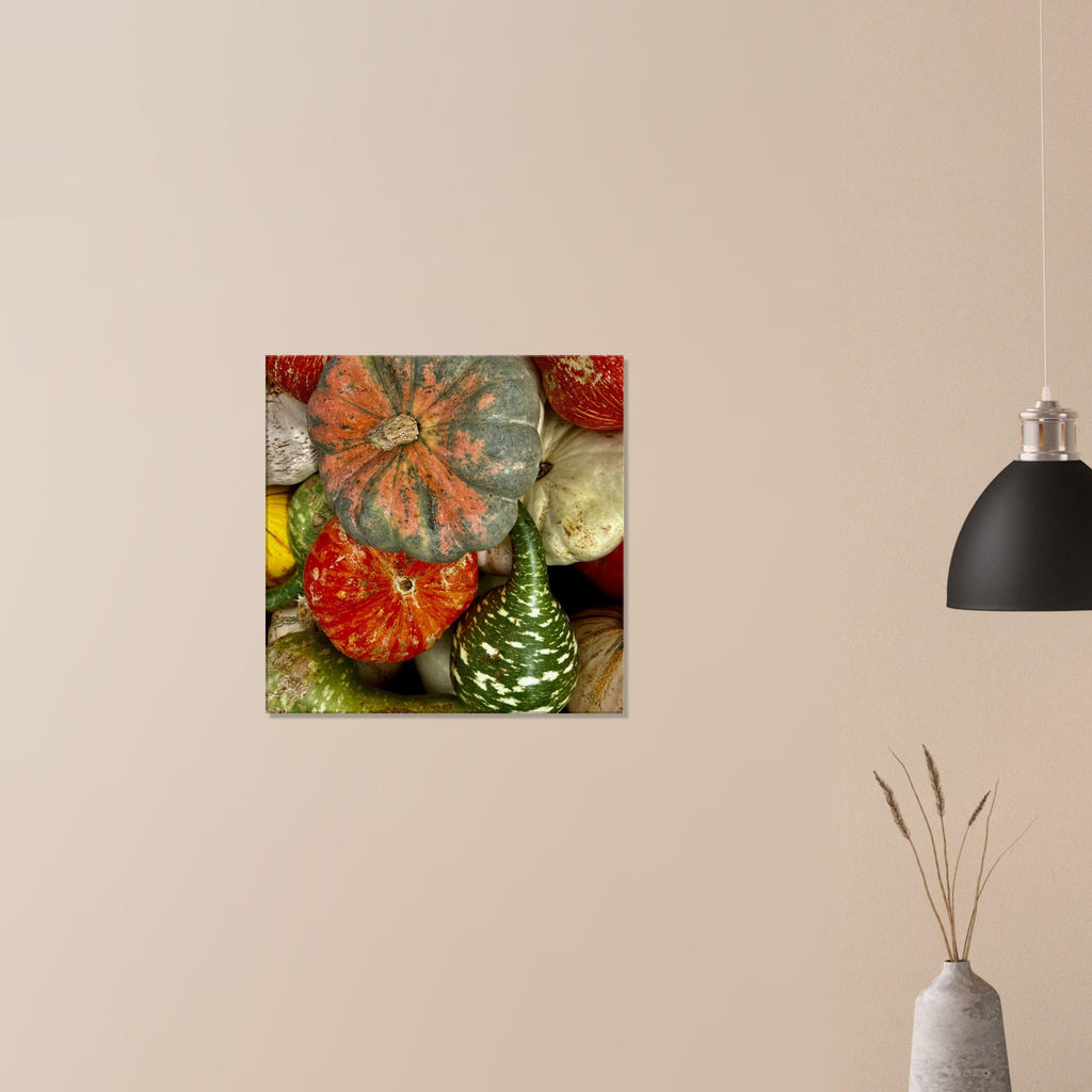 Halloween wall art canvas featuring vibrant, colorful pumpkins in various shapes for festive harvest decor.