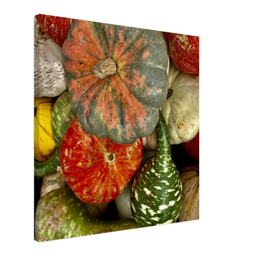 Vibrant Halloween wall art canvas featuring colorful pumpkins in various shapes, perfect for festive harvest décor.