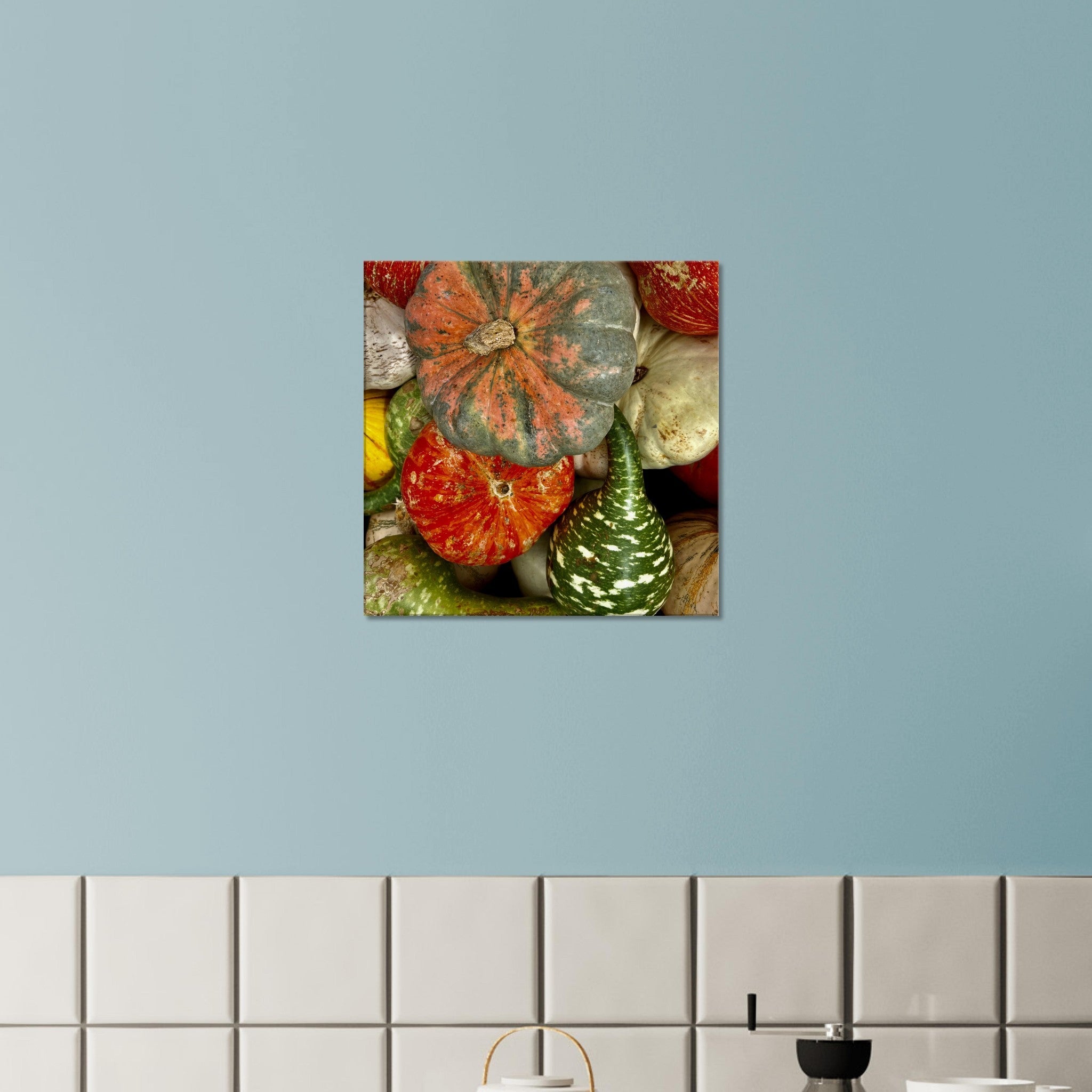 Colorful Halloween wall art canvas featuring vibrant pumpkins in various shapes and colors for festive autumn décor.