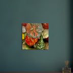 Vibrant Halloween wall art canvas featuring colorful pumpkins in various shapes, perfect for festive harvest décor.