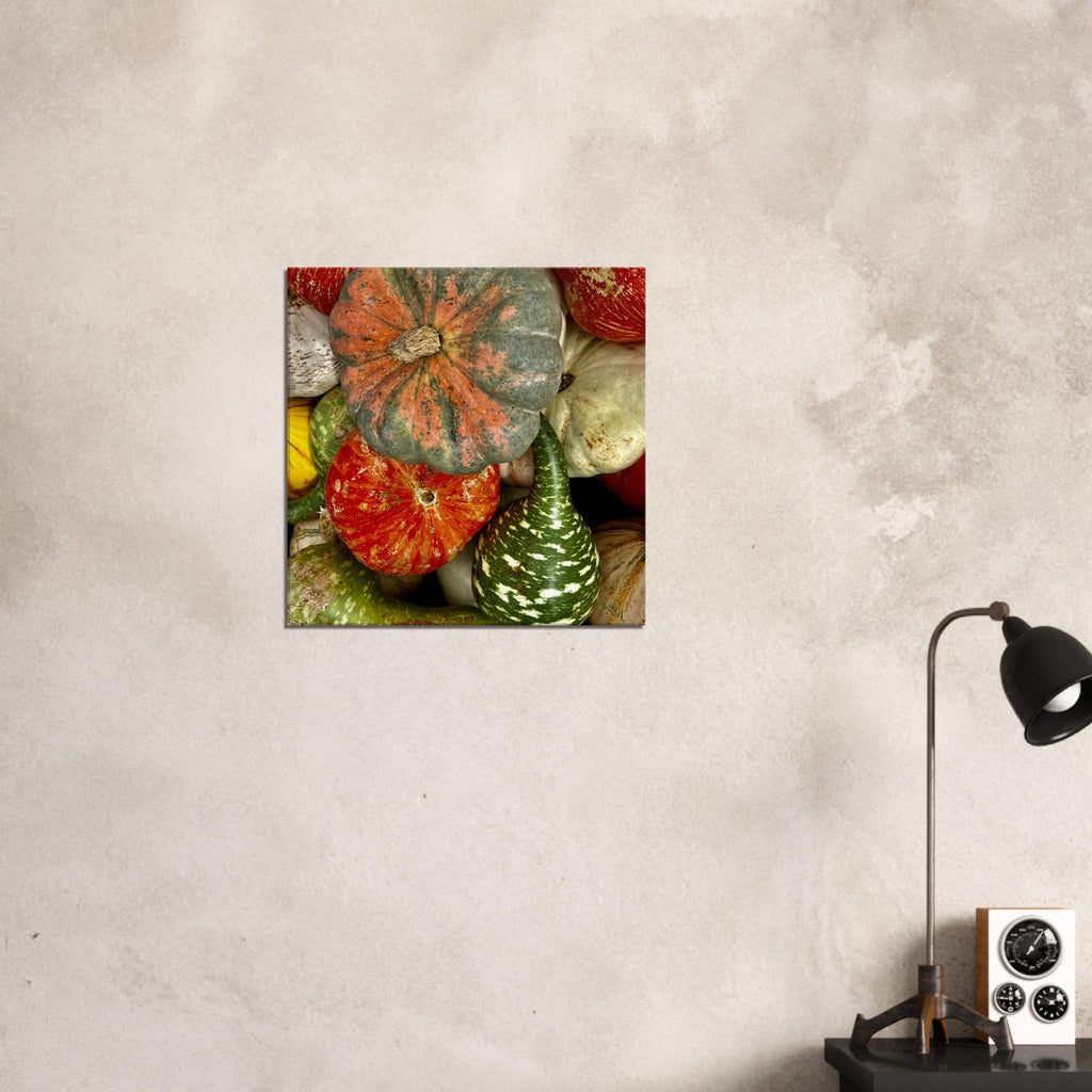 Colorful Halloween wall art canvas featuring vibrant pumpkins in various shapes and shades, perfect for festive harvest décor.