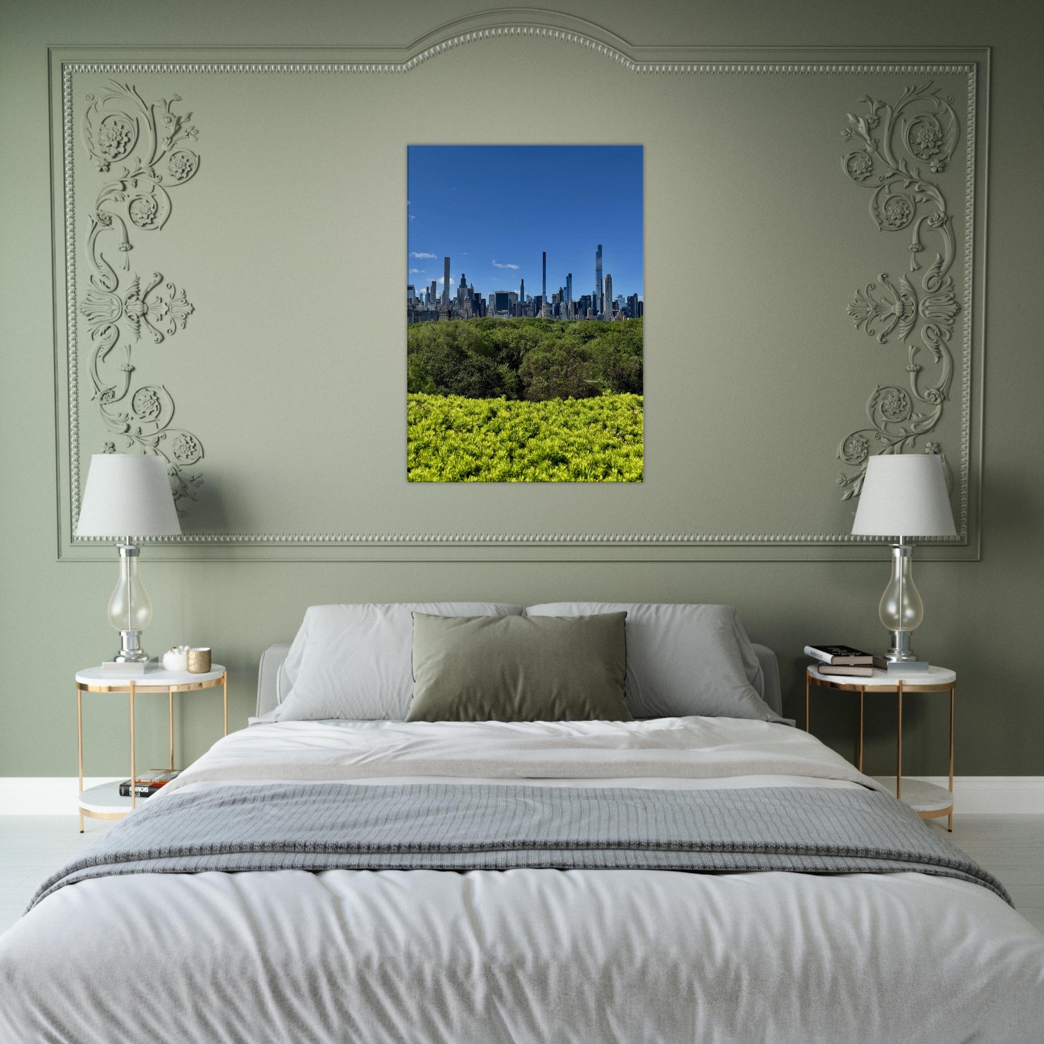 Thick canvas print of NYC Central Park skyline on a spring day, featuring vibrant cityscape and lush trees in a travel collection wall art.