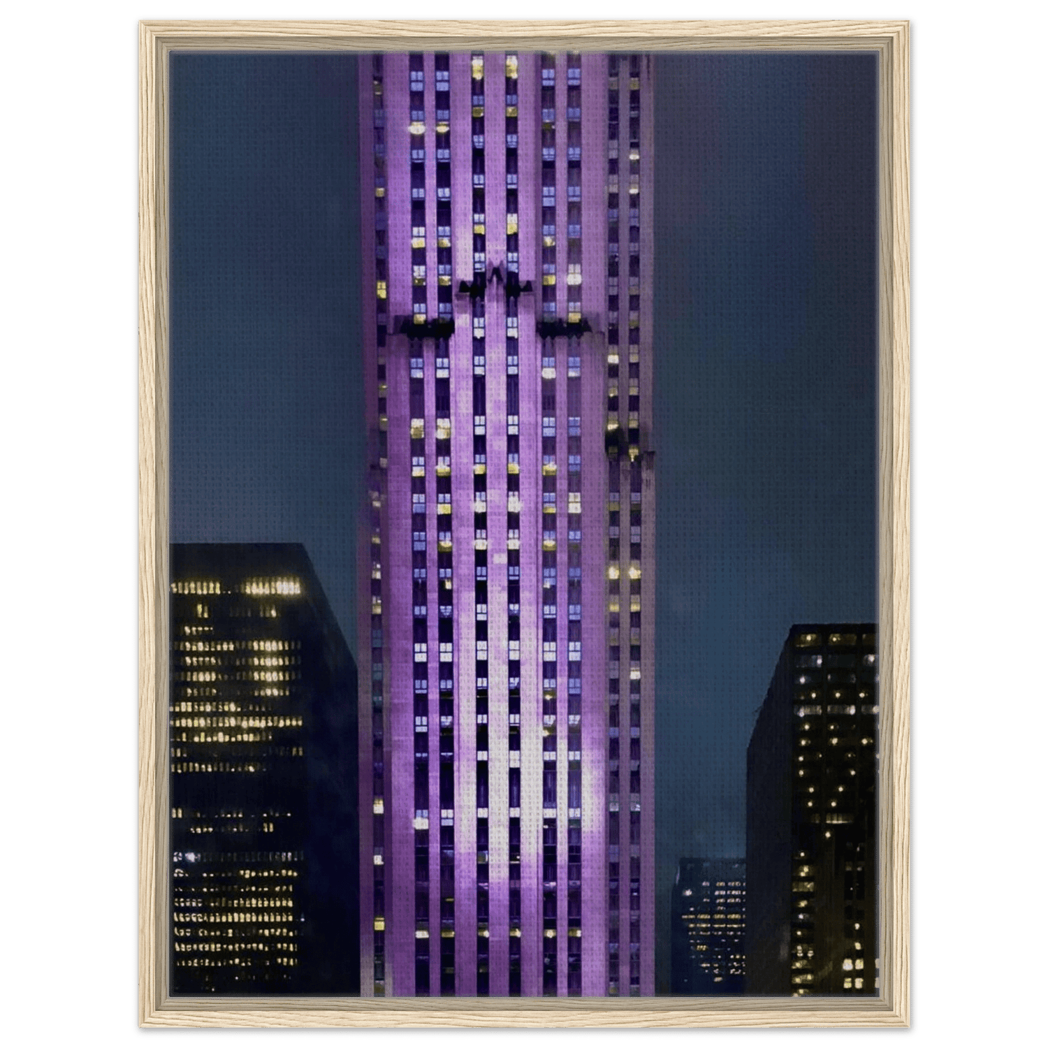 NYC Holiday Skyline in Purple Elegance - Framed Canvas Art: Travel Collection – Studio Edition - CaliCuration
