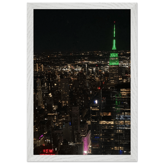 Premium Wood Mounted Framed Poster - Iconic NYC Downtown Night View with Empire State Building: Travel Collection - Studio Edition: Holiday 25 - CaliCuration