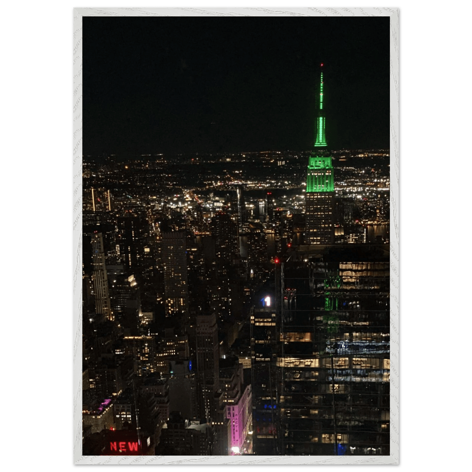 Premium Wood Mounted Framed Poster - Iconic NYC Downtown Night View with Empire State Building: Travel Collection - Studio Edition: Holiday 25 - CaliCuration